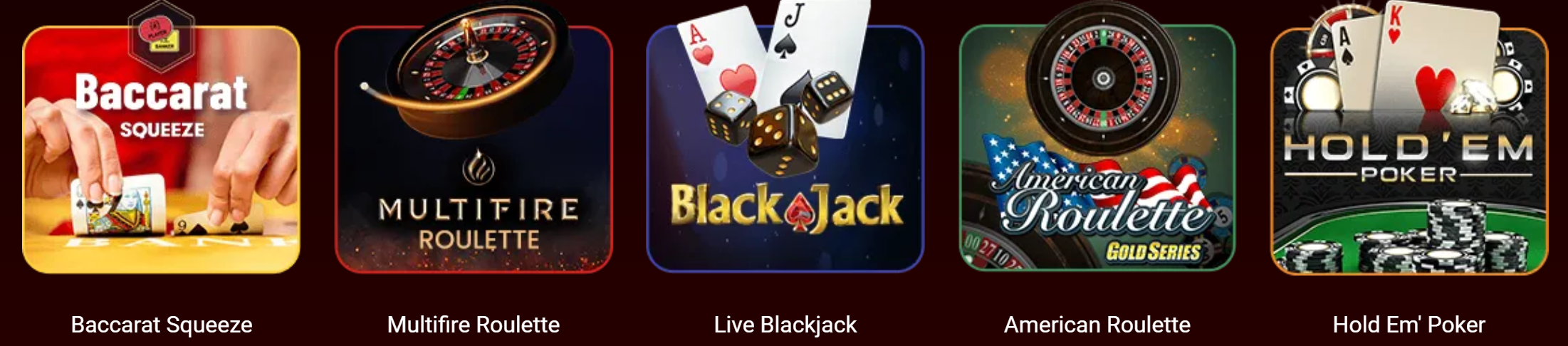 Luxury Casino table games including Baccarat Squeeze, Multifire Roulette, Live Blackjack, American Roulette, and Hold Em Poker